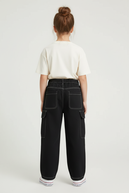 Pantalon Cargo Noir Ample Coton Multipoches Garçon - Toile - vue 2