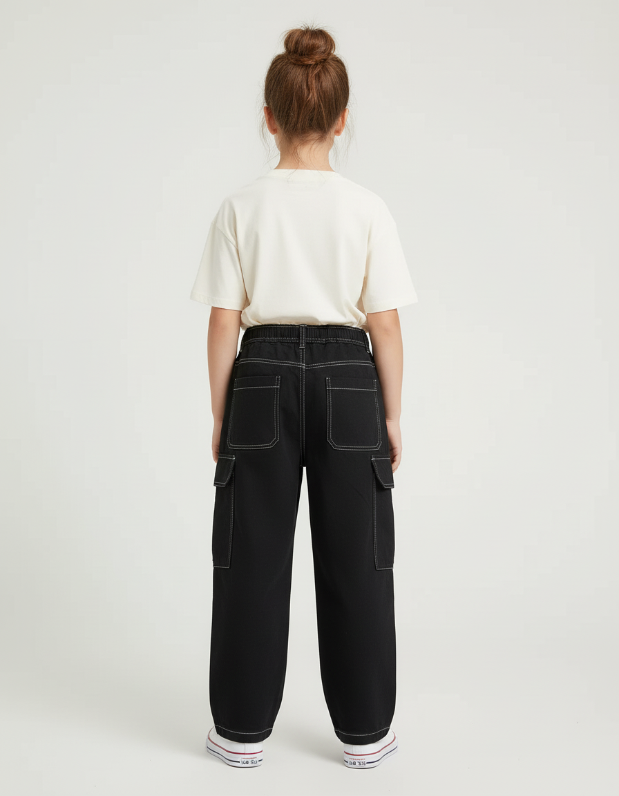 Pantalon Cargo Noir Ample Coton Multipoches Garçon - Toile - vue 2