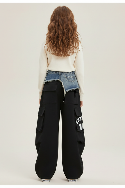 Pantalon Cargo Noir Large Denim Rayures Blanches - Molleton - vue 2