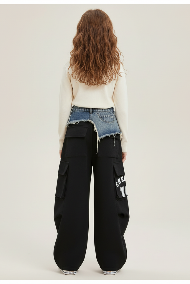 Pantalon Cargo Noir Large Denim Rayures Blanches - Molleton - vue 2