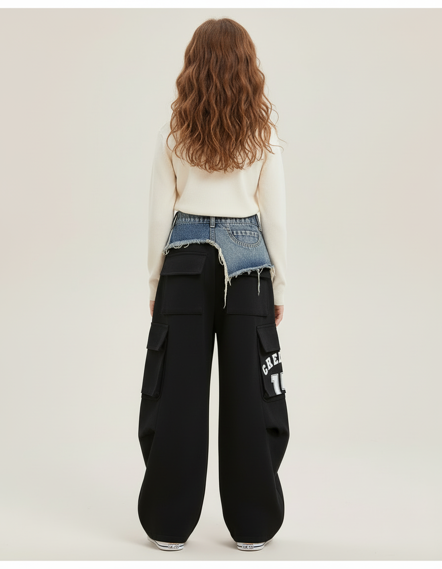 Pantalon Cargo Noir Large Denim Rayures Blanches - Molleton - vue 2