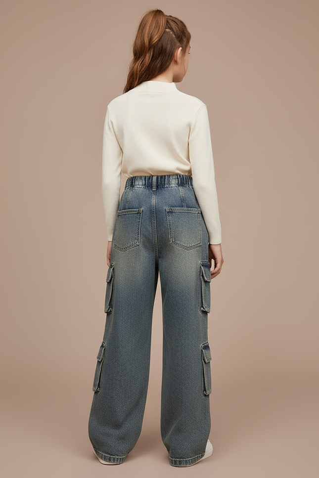 Pantalon Cargo Denim Ample Vintage Multipoches Enfant - Bleu Jean - vue 2