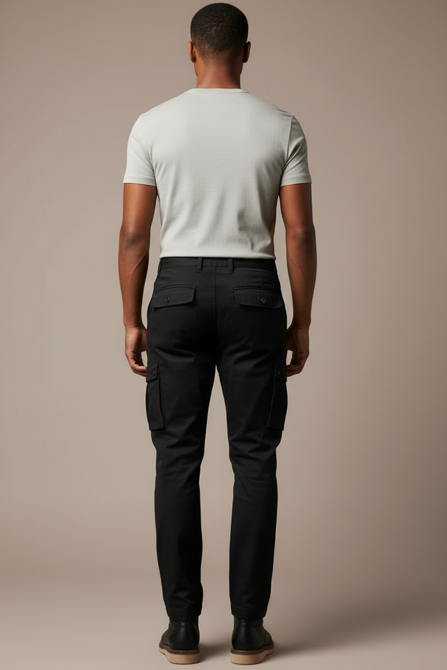Pantalon Cargo Noir Coton Multipoches Coupe Droite Homme - vue 2