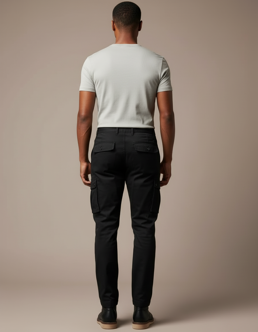 Pantalon Cargo Noir Coton Multipoches Coupe Droite Homme - vue 2