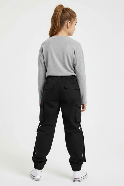 Pantalon Cargo Noir Décontracté Multipoches Sangles Fille - Toile - vue 2