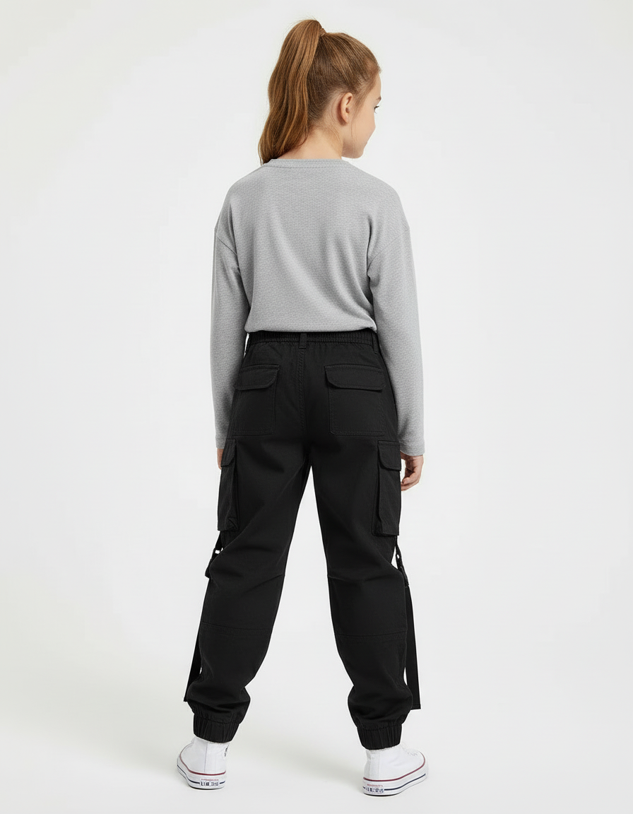 Pantalon Cargo Noir Décontracté Multipoches Sangles Fille - Toile - vue 2