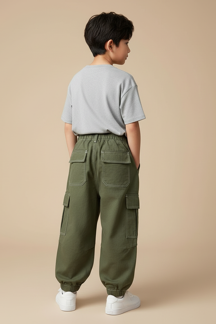 Pantalon Cargo Vert Ample Coton Enfant - Kaki Toile - vue 2
