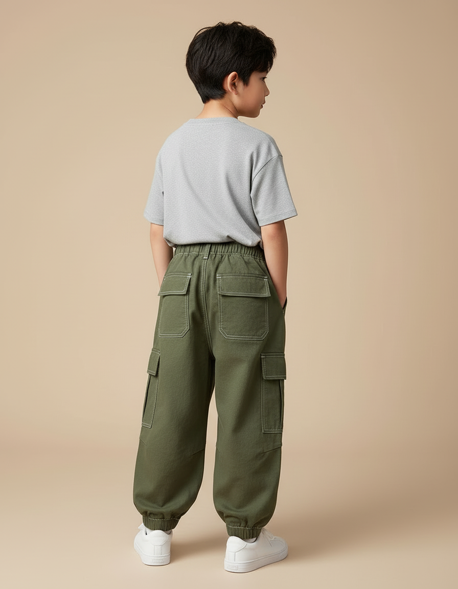Pantalon Cargo Vert Ample Coton Enfant - Kaki Toile - vue 2