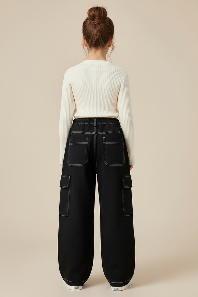 Pantalon Cargo Noir Ample Décontracté Surpiqûres Enfant - Jean - vue 2