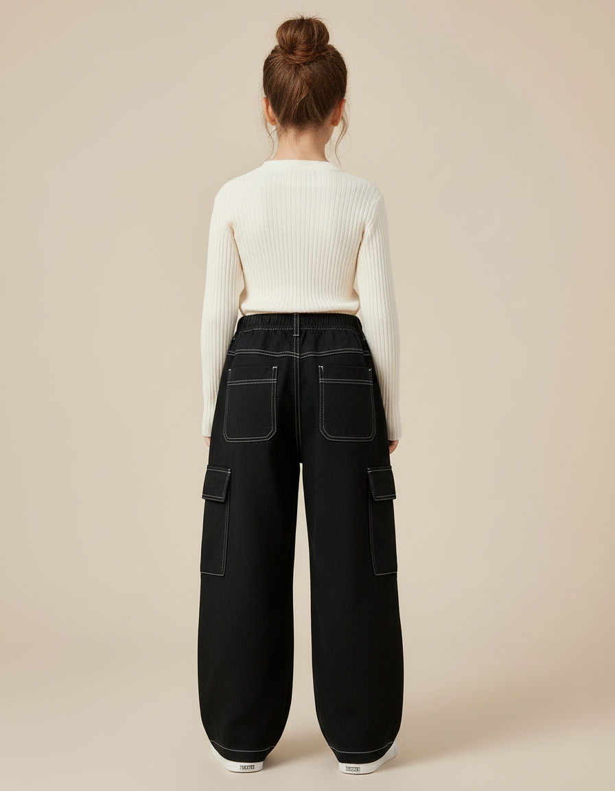 Pantalon Cargo Noir Ample Décontracté Surpiqûres Enfant - Jean - vue 2
