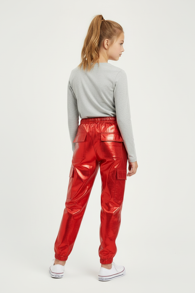 Pantalon Cargo Rouge Brillant Métallique Ample Enfant - Simili cuir - vue 2