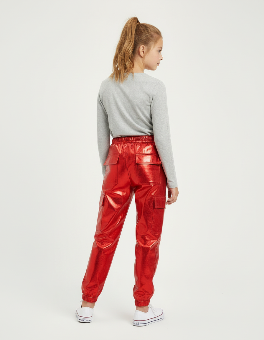 Pantalon Cargo Rouge Brillant Métallique Ample Enfant - Simili cuir - vue 2