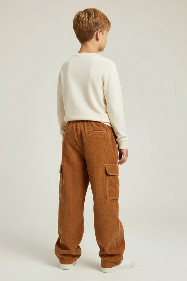 Pantalon Cargo Marron Côtelé Ample Décontracté Enfant - Cordé - vue 2