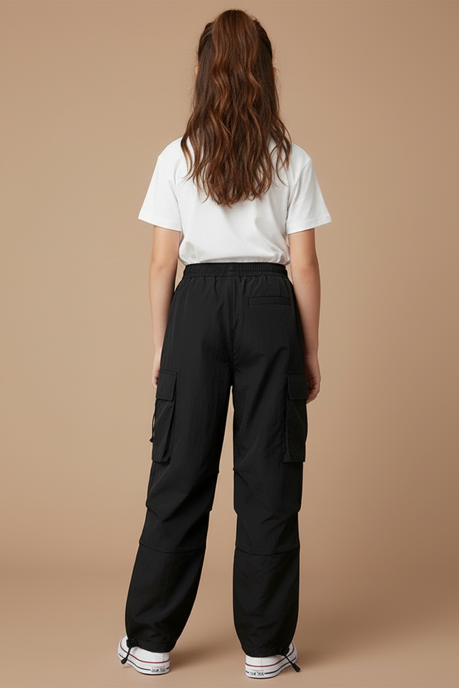 Pantalon Cargo Noir Ample Fille Décontracté Poches - Polyester - vue 2