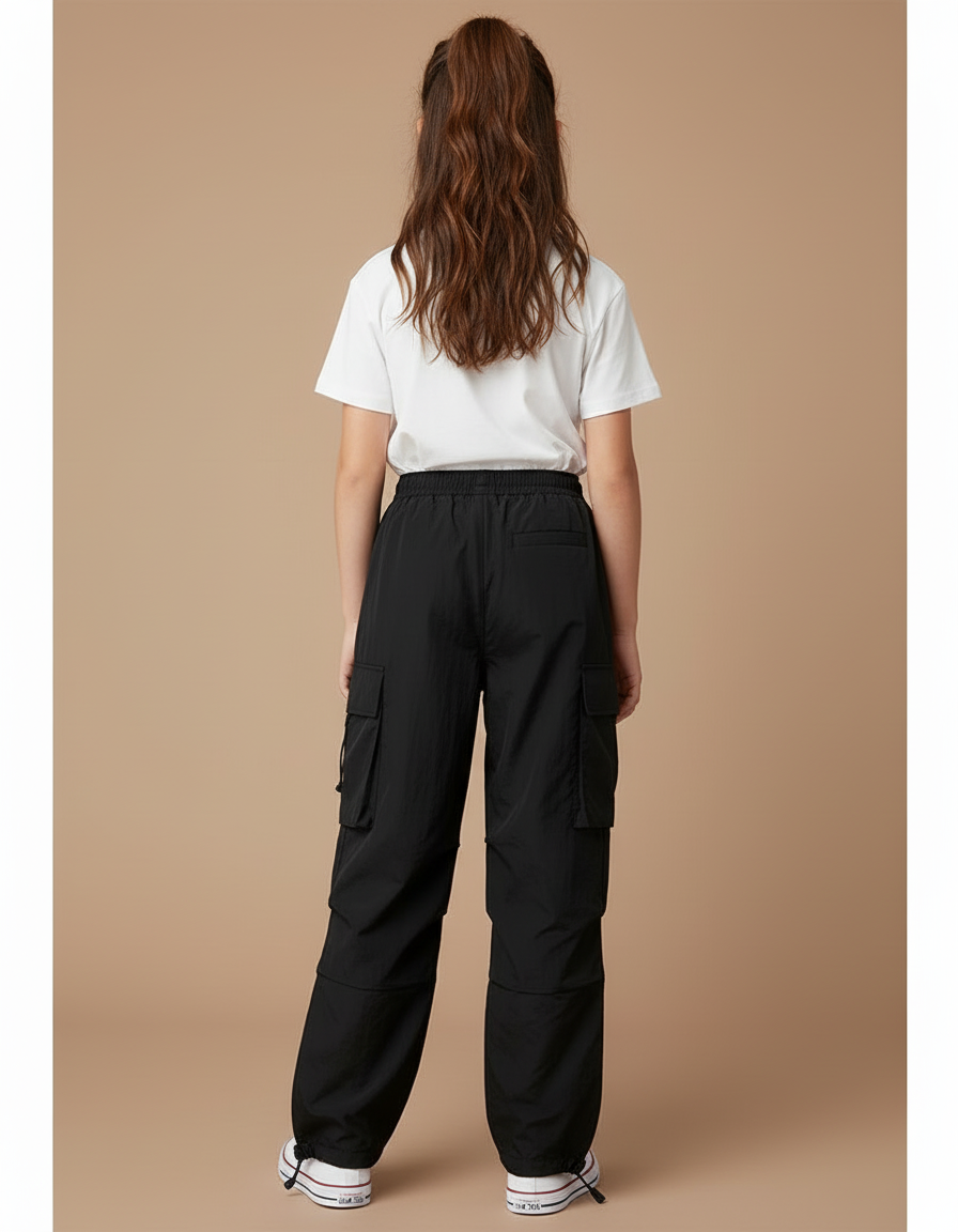 Pantalon Cargo Noir Ample Fille Décontracté Poches - Polyester - vue 2
