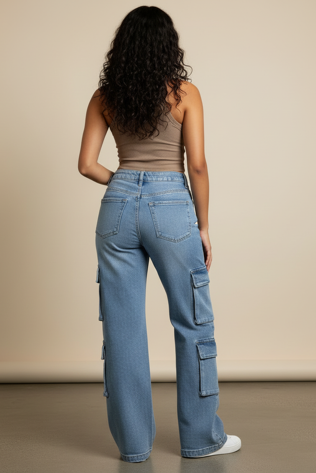 Pantalon Cargo Denim Bleu Ample Multipoches Décontracté - Jean - vue 2