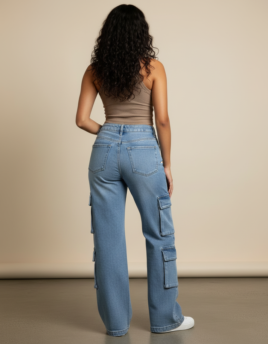 Pantalon Cargo Denim Bleu Ample Multipoches Décontracté - Jean - vue 2