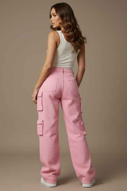 Pantalon Cargo Rose Ample Multipoches Taille Haute - Jean - vue 2