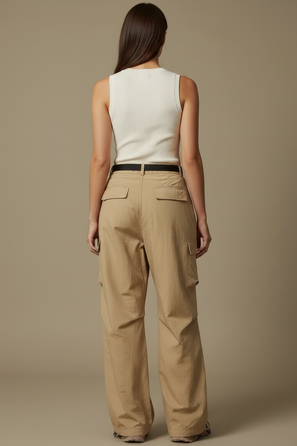 Pantalon Cargo Beige Fluide Ample Nylon Plissé - Polyester - vue 2