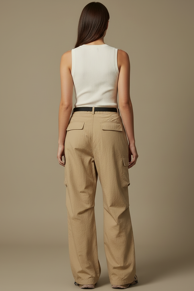 Pantalon Cargo Beige Fluide Ample Nylon Plissé - Polyester - vue 2