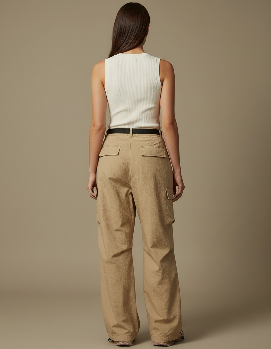 Pantalon Cargo Beige Fluide Ample Nylon Plissé - Polyester - vue 2