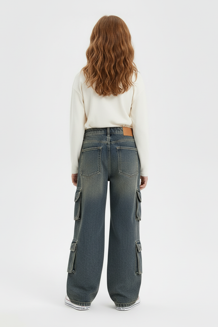 Pantalon Cargo Denim Gris Ample Multipoches Enfant - Jean - vue 2
