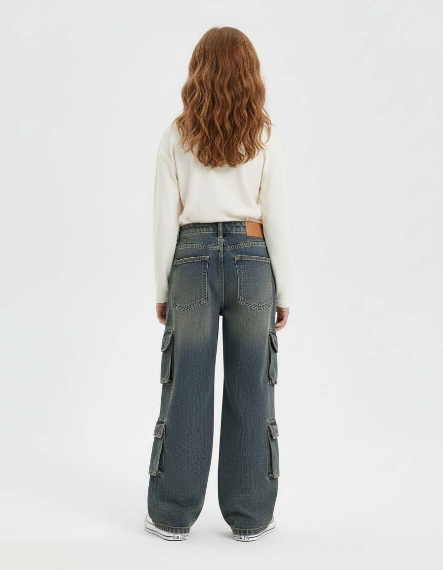 Pantalon Cargo Denim Gris Ample Multipoches Enfant - Jean - vue 2