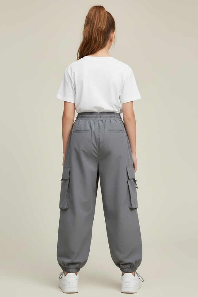 Pantalon Cargo Gris Ample Poches Cordon Fille - Polyester - vue 2