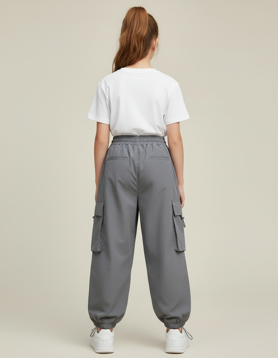 Pantalon Cargo Gris Ample Poches Cordon Fille - Polyester - vue 2