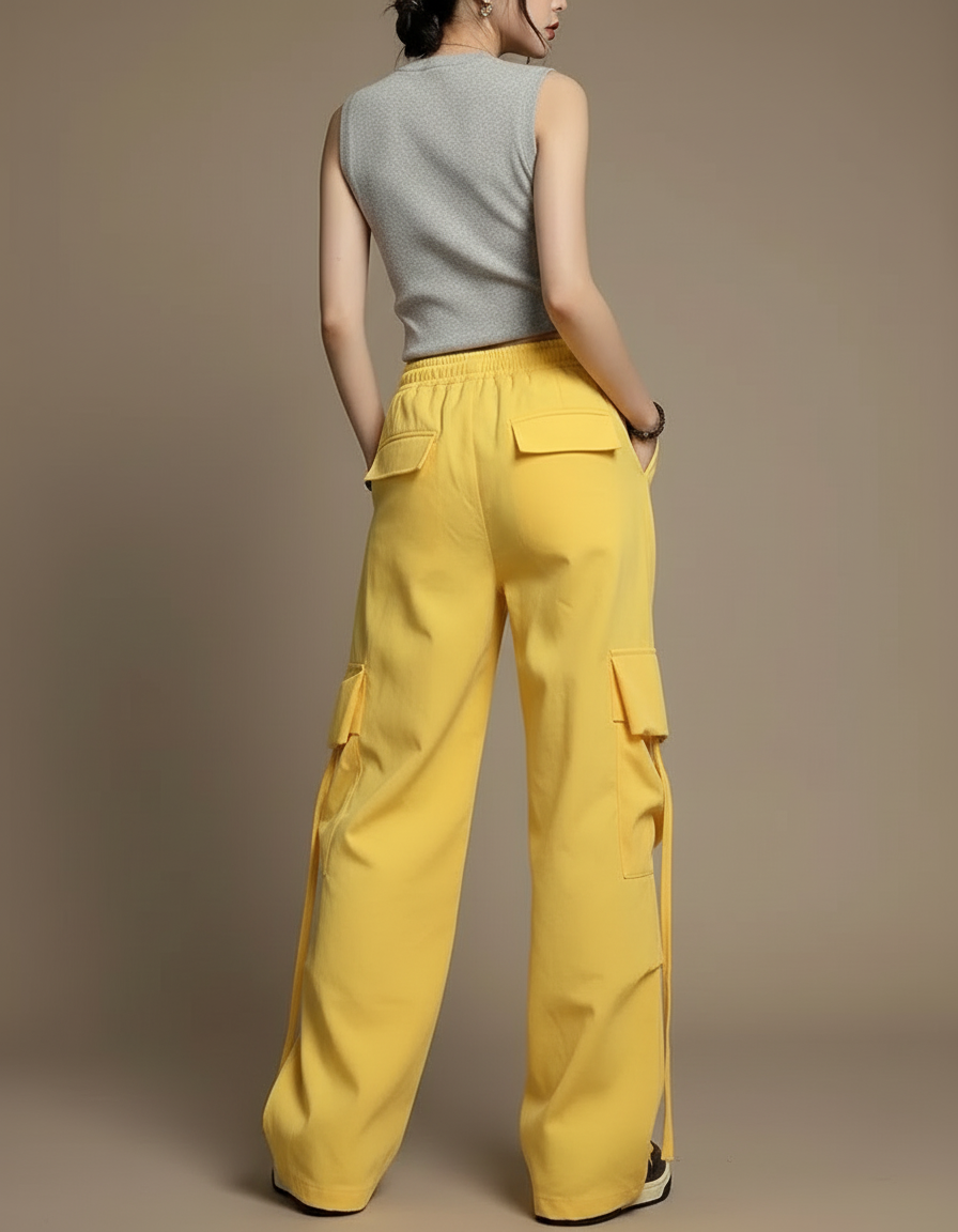 Pantalon Cargo Jaune Ample Léger Cordon Femme - Toile - vue 2