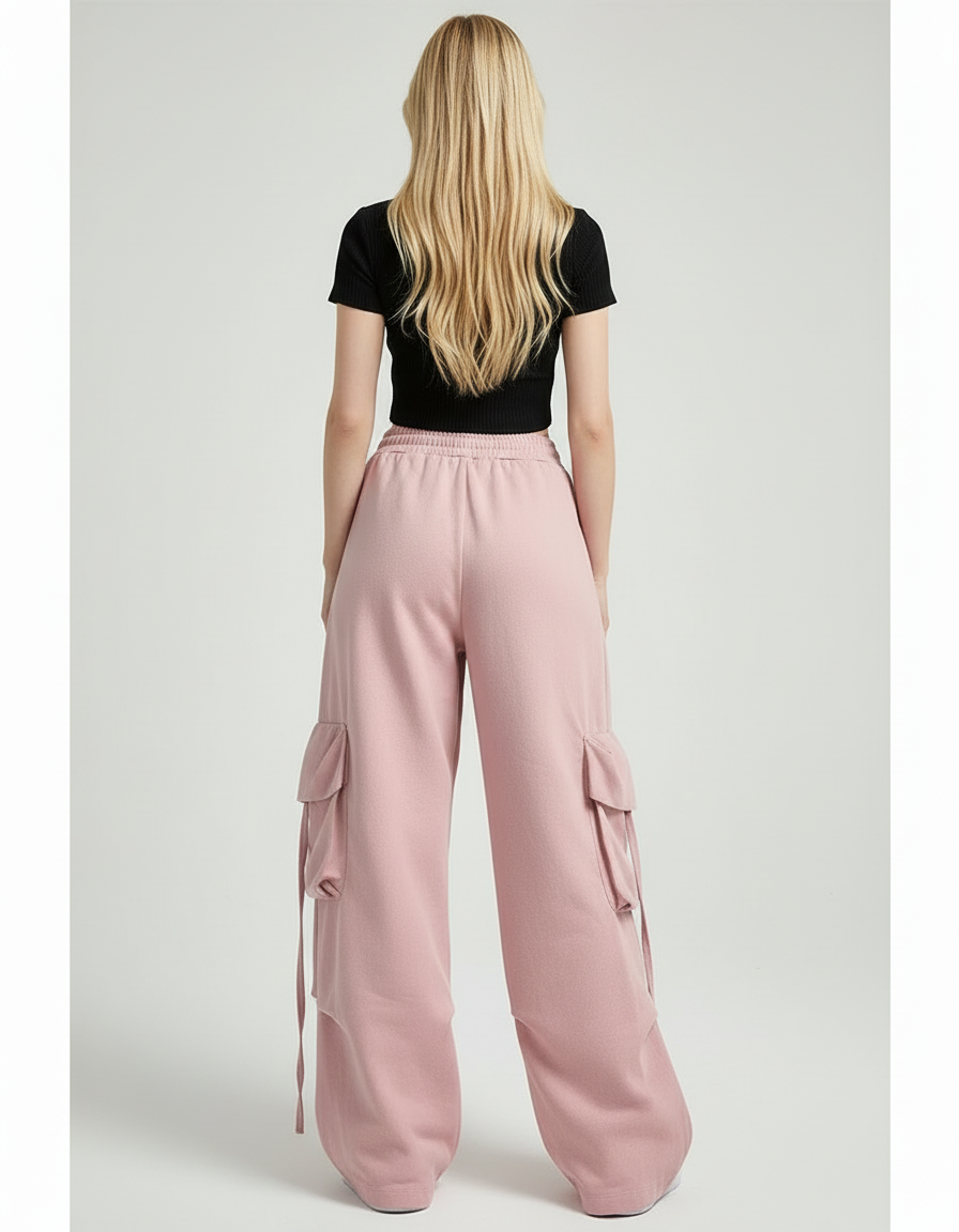 Pantalon Cargo Rose Ample Taille Haute Streetwear - Molleton - vue 2