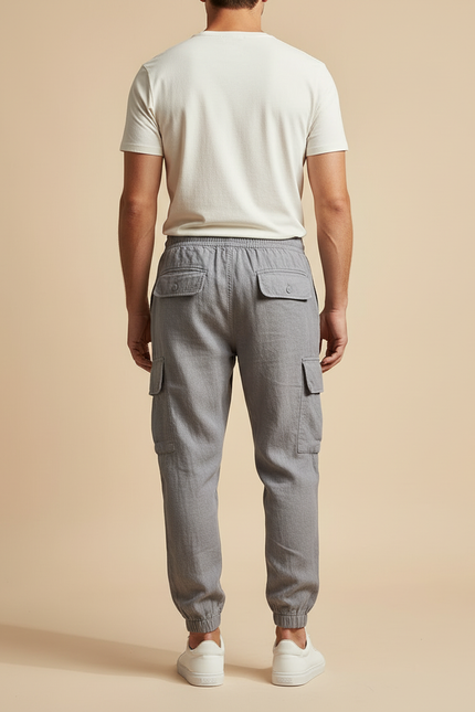 Pantalon Cargo Gris Coton Lin Décontracté Homme - vue 2