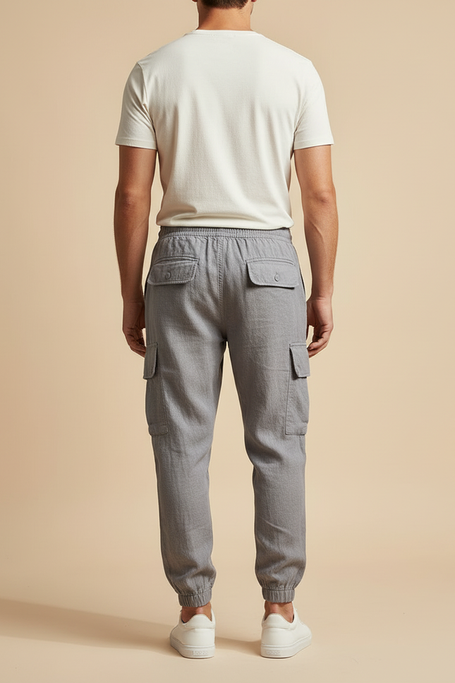 Pantalon Cargo Gris Coton Lin Décontracté Homme - vue 2