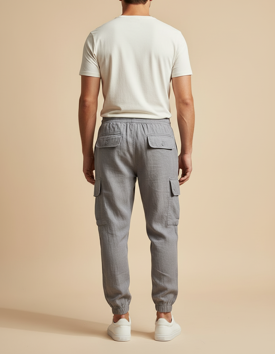 Pantalon Cargo Gris Coton Lin Décontracté Homme - vue 2