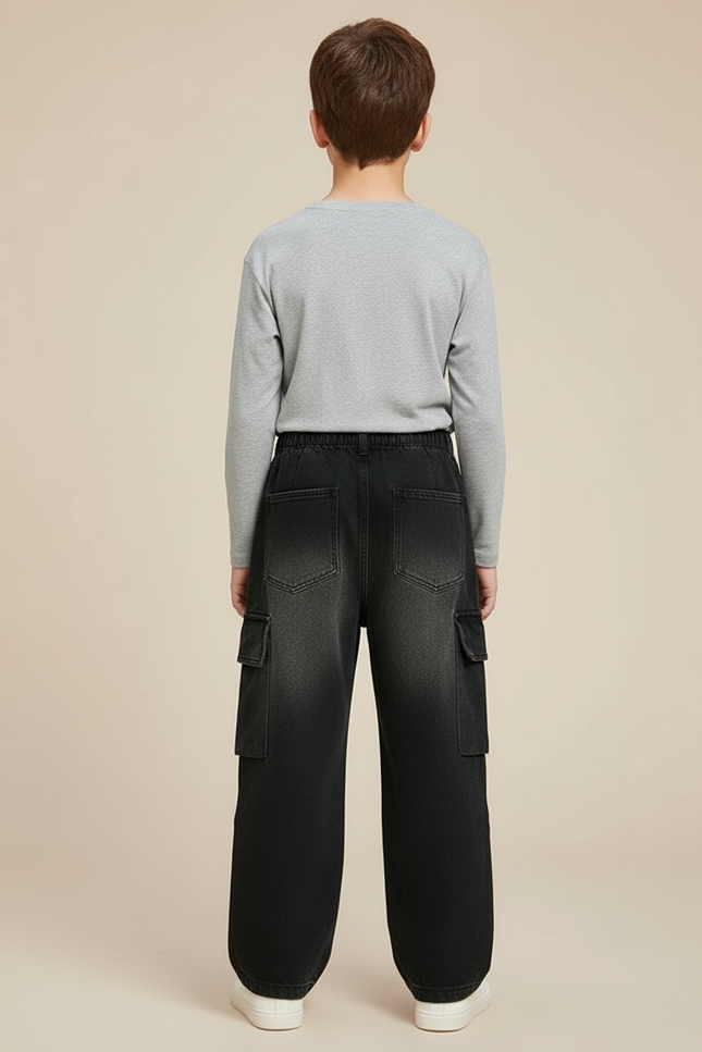 Pantalon Cargo Denim Noir Ample Multipoches Enfant - Jean - vue 2