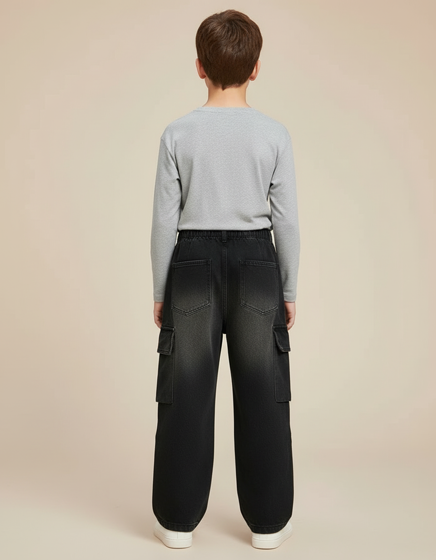 Pantalon Cargo Denim Noir Ample Multipoches Enfant - Jean - vue 2