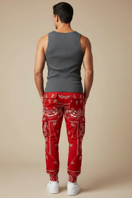 Pantalon Cargo Rouge Bandana Streetwear Jogger Homme - Toile - vue 2