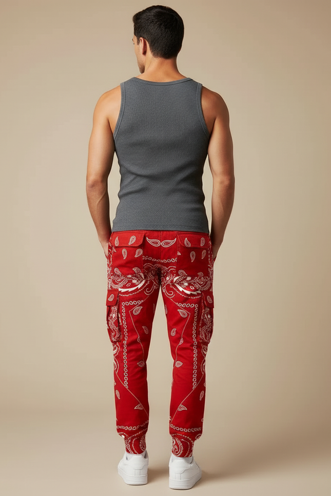 Pantalon Cargo Rouge Bandana Streetwear Jogger Homme - Toile - vue 2