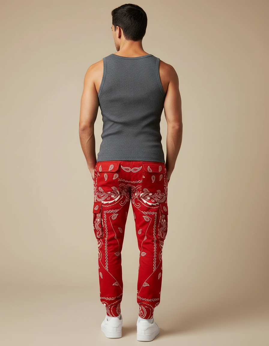 Pantalon Cargo Rouge Bandana Streetwear Jogger Homme - Toile - vue 2