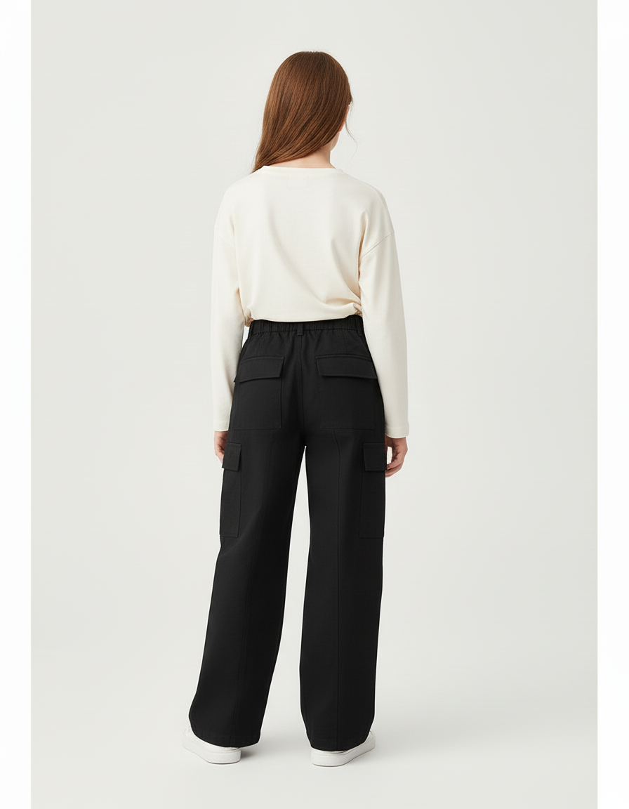 Pantalon Cargo Noir Ample Enfant Décontracté Multi-poches - Toile - vue 2