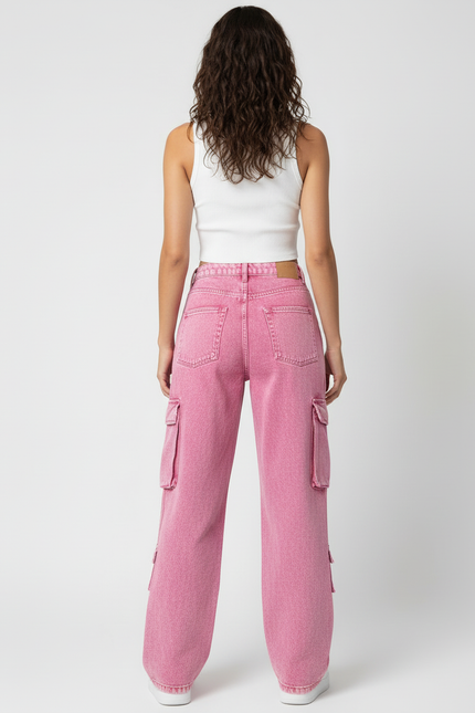 Pantalon Cargo Rose Ample Multipoches Délavé Femme - Jean - vue 2