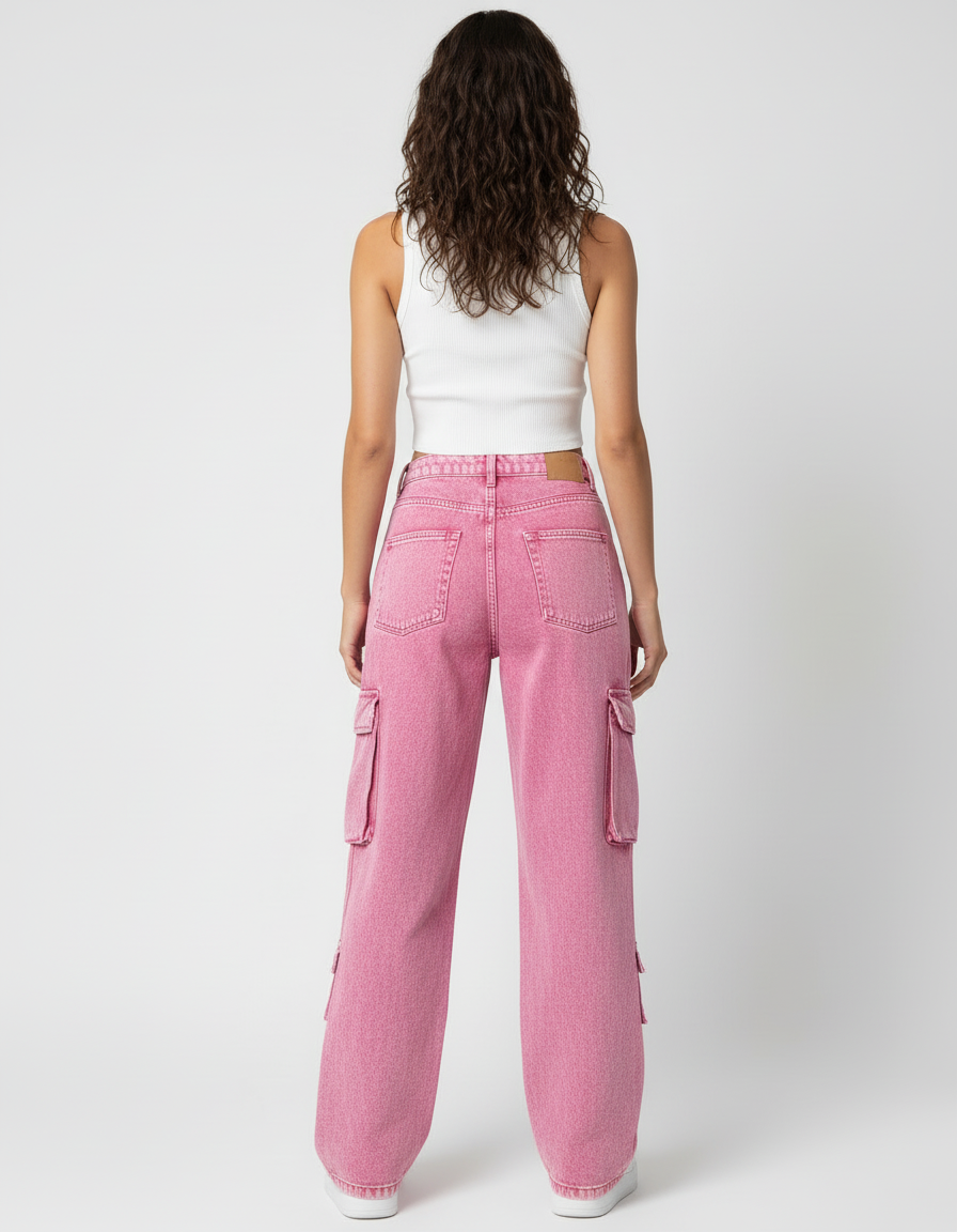 Pantalon Cargo Rose Ample Multipoches Délavé Femme - Jean - vue 2