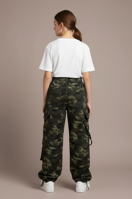 Pantalon Cargo Camouflage Ample Vert Décontracté Multipoches - Toile - vue 2