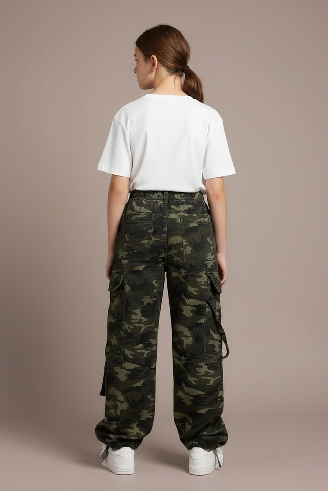 Pantalon Cargo Camouflage Ample Vert Décontracté Multipoches - Toile - vue 2