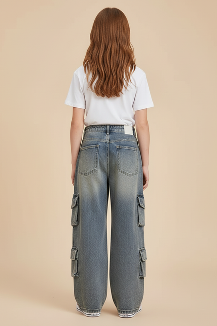 Pantalon Cargo Denim Ample Multipoches Enfant Fille - Bleu Jean - vue 2
