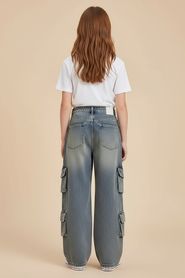 Pantalon Cargo Denim Ample Multipoches Enfant Fille - Bleu Jean - vue 2