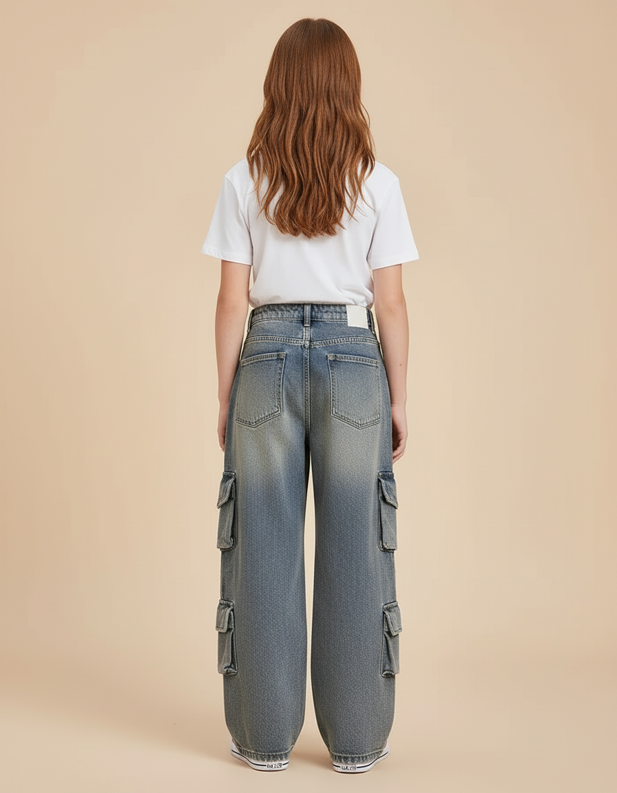 Pantalon Cargo Denim Ample Multipoches Enfant Fille - Bleu Jean - vue 2