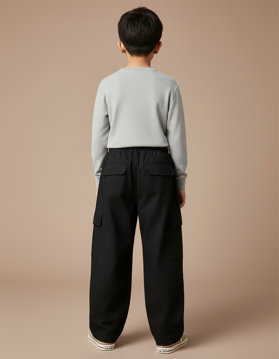 Pantalon Cargo Noir Ample Multipoches Coton Enfant - Toile - vue 2