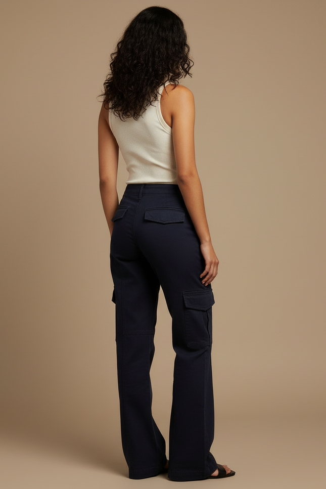 Pantalon Cargo Bleu Marine Ample Taille Haute Femme - Toile - vue 2