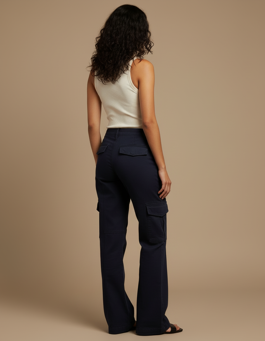 Pantalon Cargo Bleu Marine Ample Taille Haute Femme - Toile - vue 2
